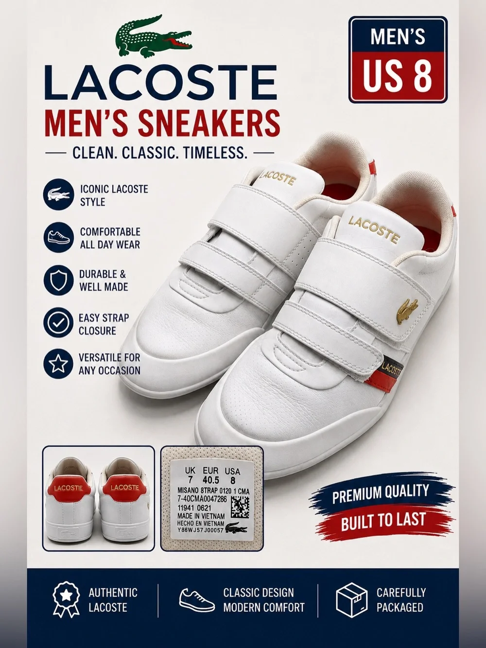 Lacoste Misano Strap Men’s Sneakers Size 8 White Leather Red Gold Double Strap